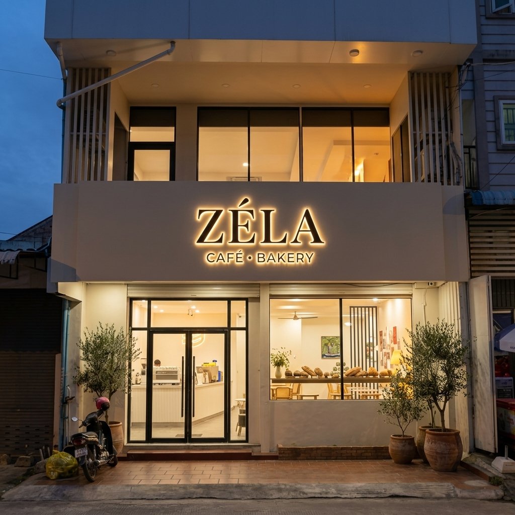 ZÉLA CAFÉ • BAKERY Modern Storefront Exterior in Warm Beige and Terracotta